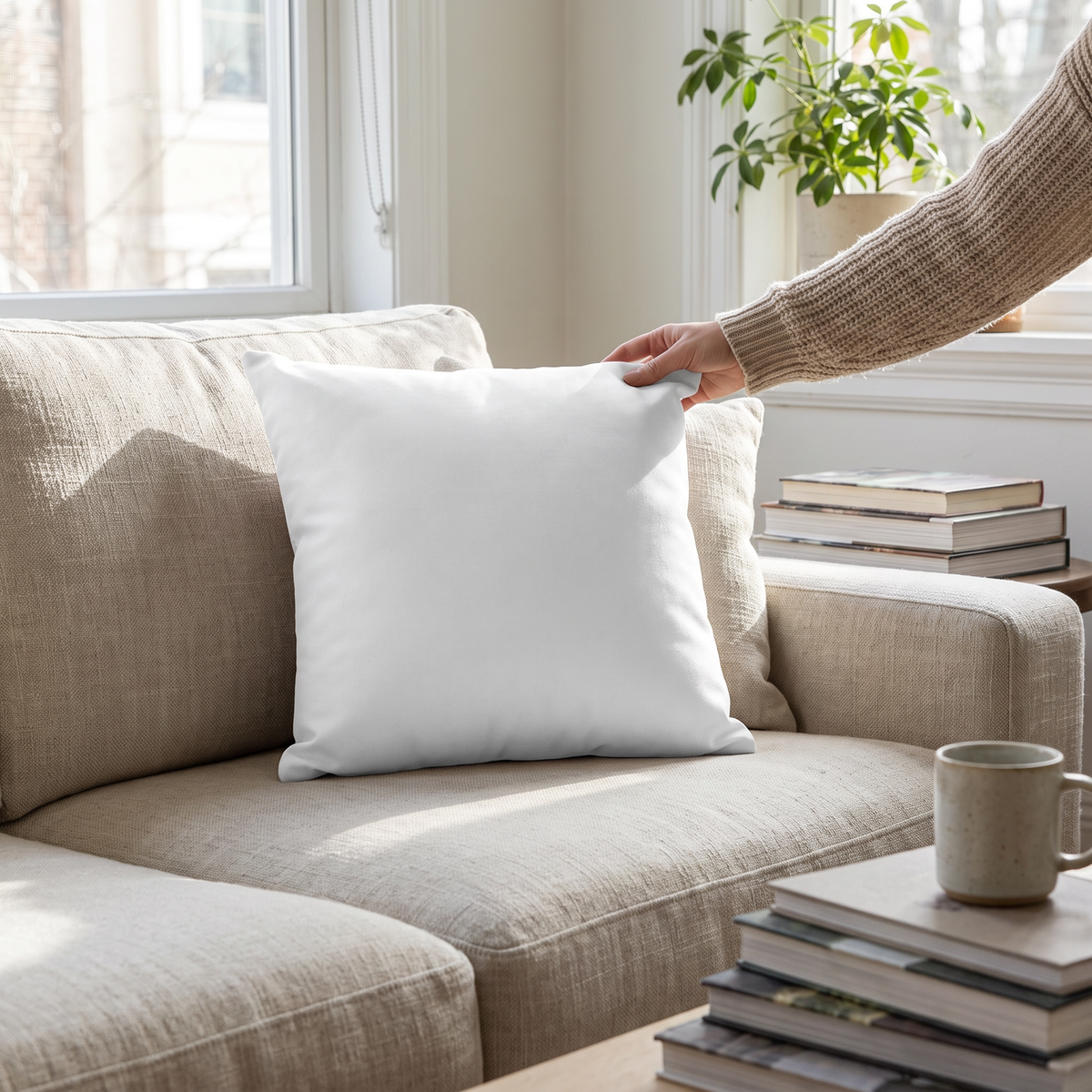 Pure White Throw Pillow in a lived-in room