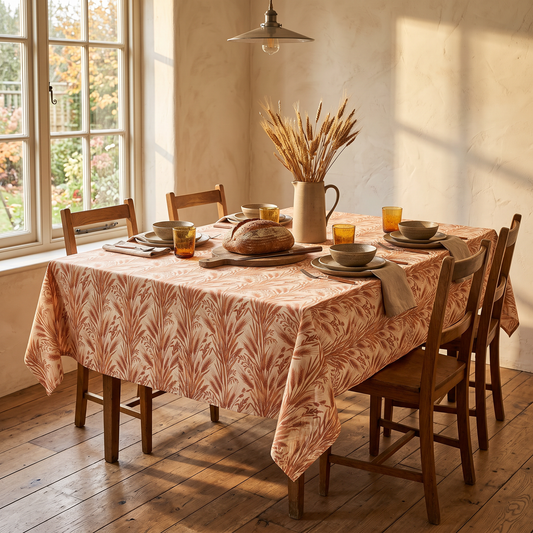 Harvest Tablecloth covering a square dining table set for four with stoneware and bread
