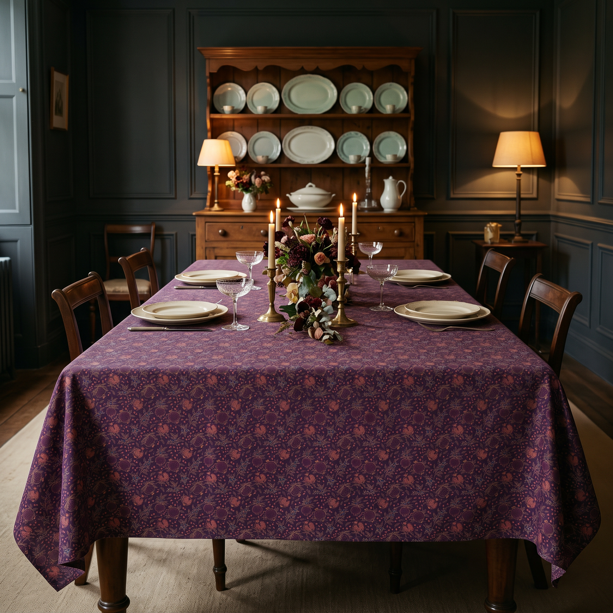 Deco Tablecloth covering a long dining table set for six in a panelled dining room
