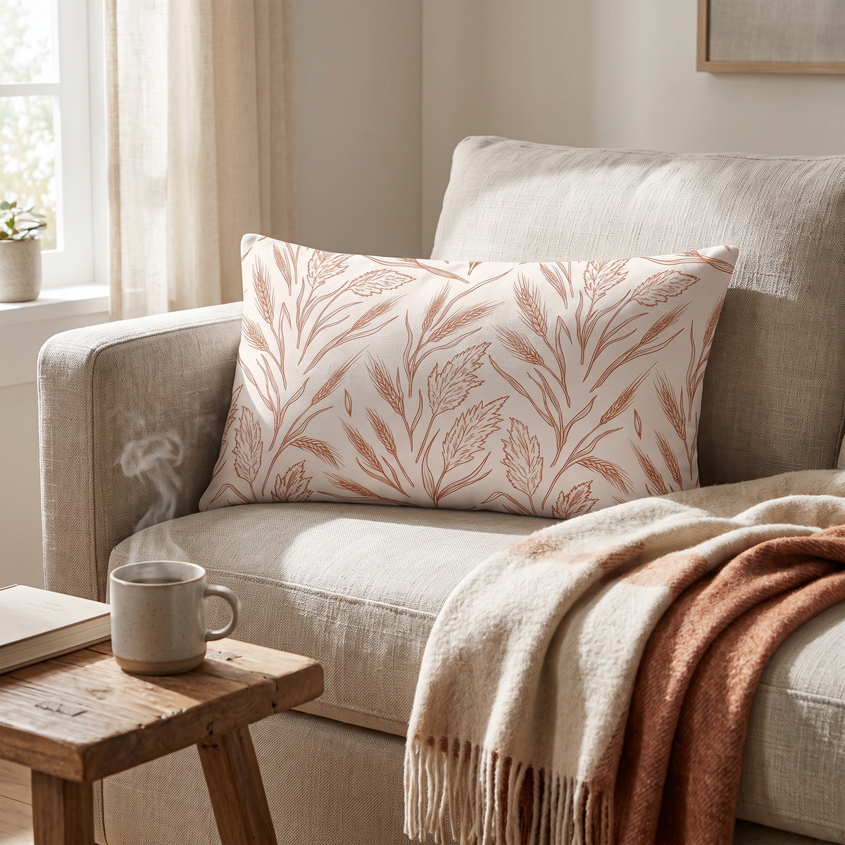 Harvest Wheat Throw Pillow in a lived-in room