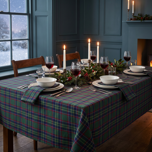 Highland Tablecloth covering a square dining table set for four with candles and holly