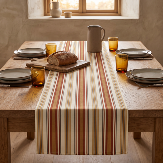 Harvest Table Runner in cream, rust and ochre stripes laid down the centre of an oak dining table